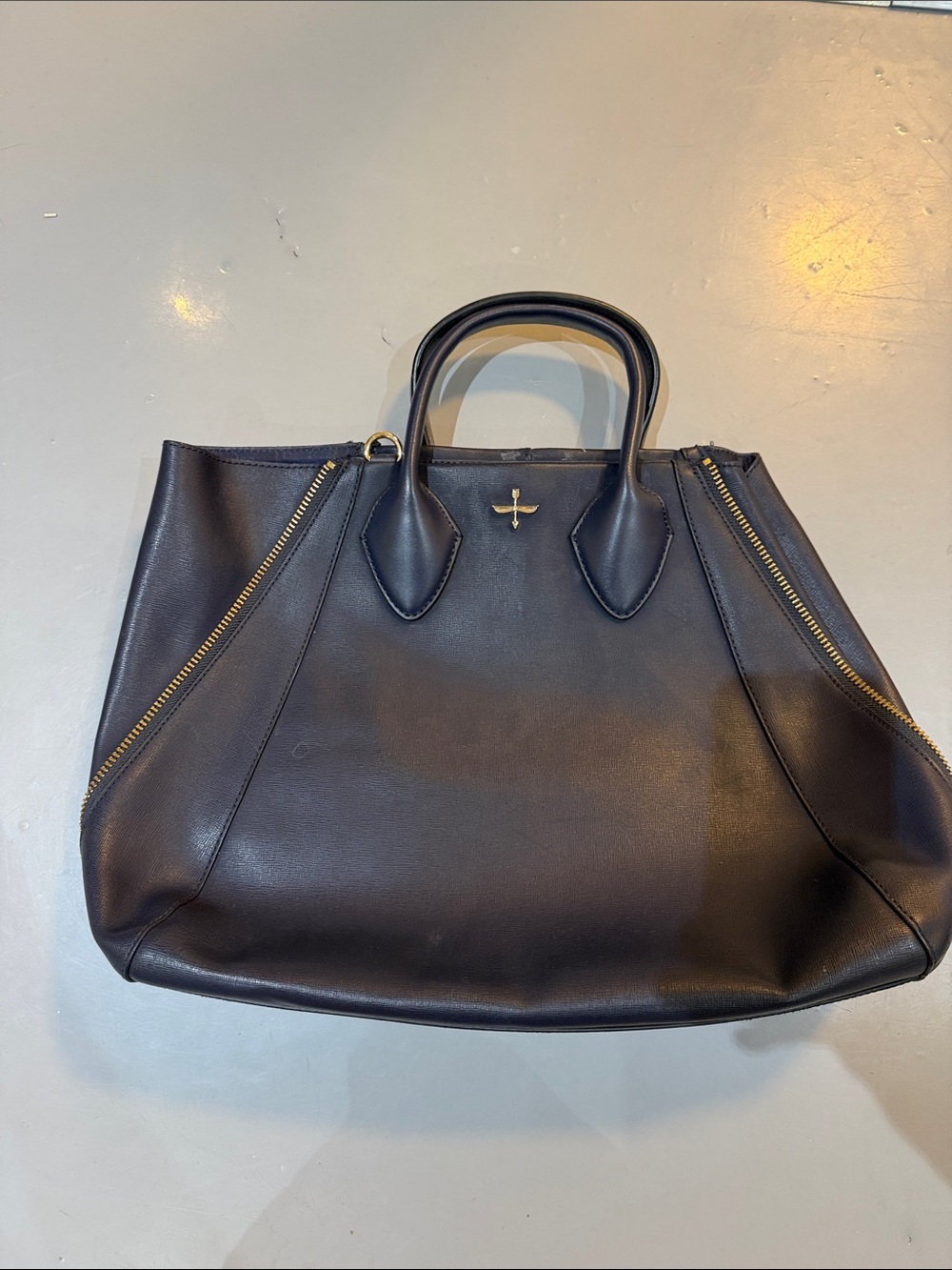 Classic Black Leather Tote with Gold Trim